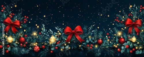 Festive floral arrangement with red bows and decorations on a dark background, perfect for holiday celebrations.