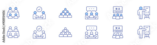 Meeting icon set in two styles, Duotone and Thin Line style. Editable stroke. group, online class, presentations, meeting, discuss, hired