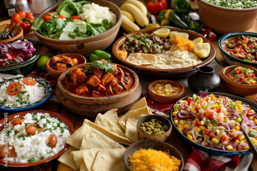 Wooden table overflowing with a variety of delicious mexican dishes, perfect for a festive gathering