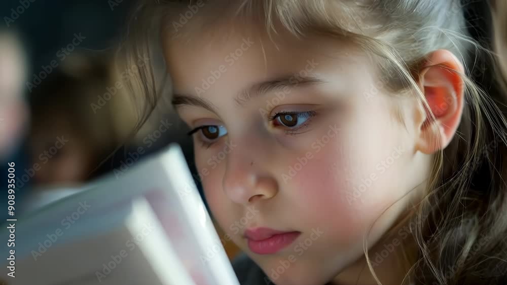 Young Girl Deeply Engrossed in Reading a Book in a Classroom Setting Young Girl Deeply Engrossed in Reading a Book in a Classroom Setting