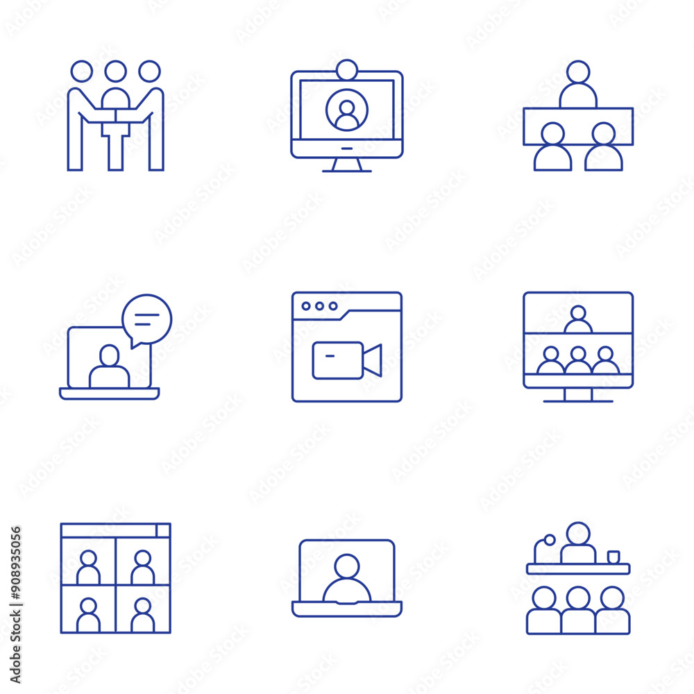 Meeting icons set. Thin Line style, editable stroke. meeting, online meeting, talk, video call, video conference, videocall, virtual event Meeting icons set. Thin Line style, editable stroke. meeting, online meeting, talk, video call, video conference, videocall, virtual event