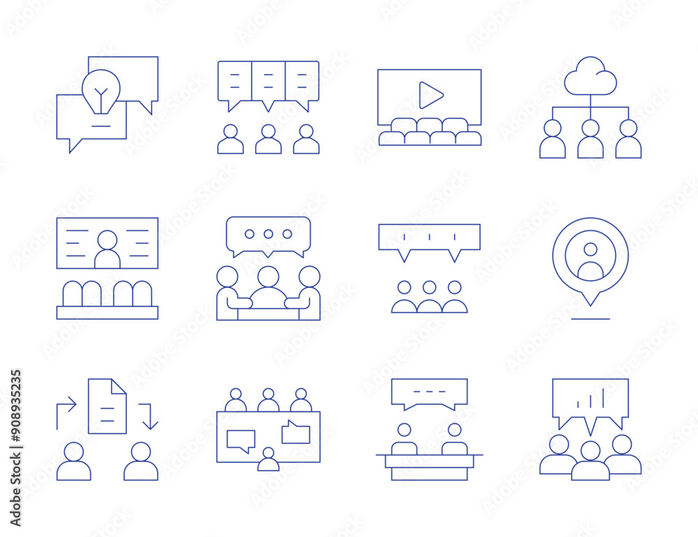 Meeting icons. Thin Line style, editable stroke. location, chat, discuss, interview, meeting, brainstorming, cinema, conference room, discussion, file sharing, teamwork Meeting icons. Thin Line style, editable stroke. location, chat, discuss, interview, meeting, brainstorming, cinema, conference room, discussion, file sharing, teamwork