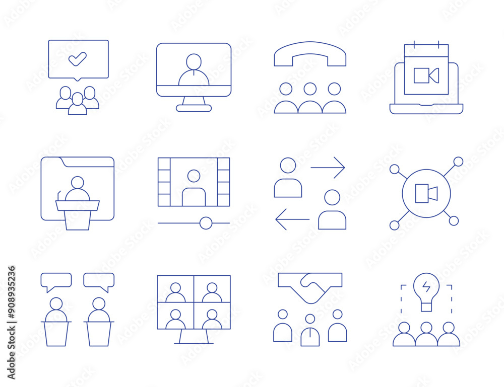 Meeting icons. Thin Line style, editable stroke. audiences, call, conference, disagree, calendar, connection, video call, video tutorial Meeting icons. Thin Line style, editable stroke. audiences, call, conference, disagree, calendar, connection, video call, video tutorial