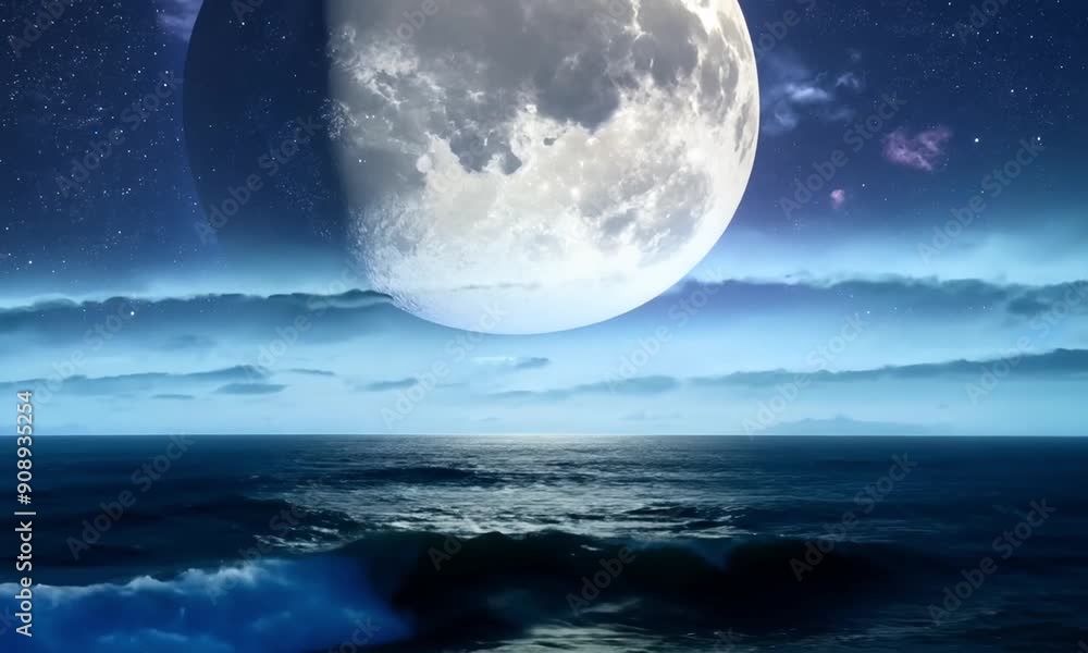 A moonlit night over the ocean with a giant, glowing full moon casting silver light on the gentle wave A moonlit night over the ocean with a giant, glowing full moon casting silver light on the gentle wave