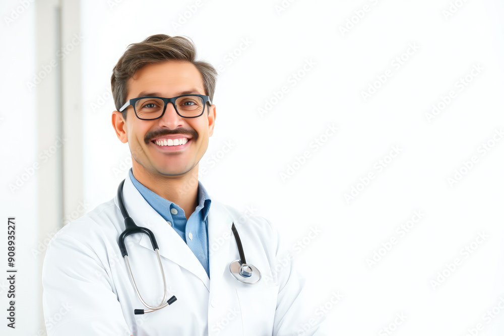 A cheerful doctor holding a stethoscope, in a bright and clean setting, white background. A cheerful doctor holding a stethoscope, in a bright and clean setting, white background.