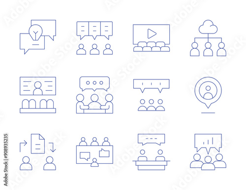 Meeting icons. Thin Line style, editable stroke. location, chat, discuss, interview, meeting, brainstorming, cinema, conference room, discussion, file sharing, teamwork