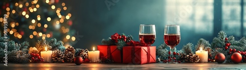 Festive holiday scene with wine glasses, candles, and wrapped gifts, creating a warm and inviting atmosphere.