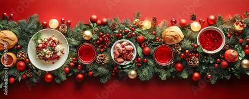 Festive holiday table setting with red decorations, treats, and greenery, creating a warm Christmas atmosphere.
