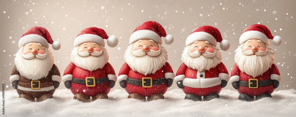 Five festive Santa figures in colorful outfits lined up, surrounded by a snowy background for a cheerful holiday scene. Five festive Santa figures in colorful outfits lined up, surrounded by a snowy background for a cheerful holiday scene.
