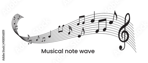 Music notes wave icon. Wave of music melody notes with clef. Musical notes stave line pattern symbols icon, vector. 