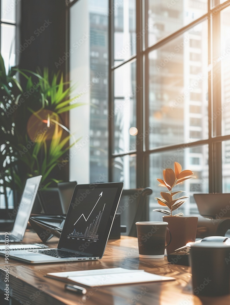 Fototapeta premium A modern office features large windows that invite natural light, showcasing a workspace with laptops, plants, and a vibrant atmosphere. Generative AI
