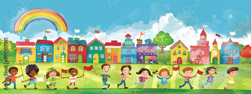 A colorful cartoon illustration of happy school children walking to the first day at their new primary school