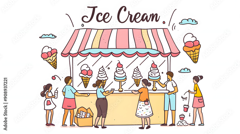 Obraz premium A simple drawing of an ice cream stand with people selling.