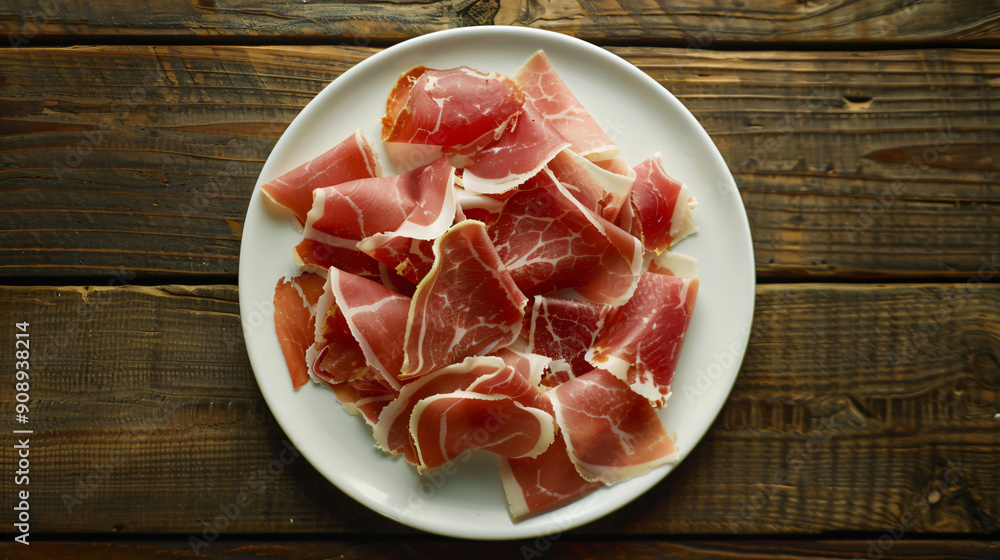 Prosciutto slices on a rustic wooden table with a white plate Prosciutto slices on a rustic wooden table with a white plate