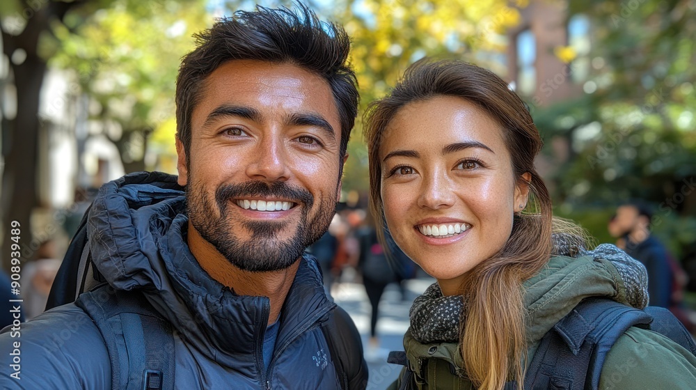 Two friends pose happily together amidst vibrant autumn leaves in a city park Two friends pose happily together amidst vibrant autumn leaves in a city park