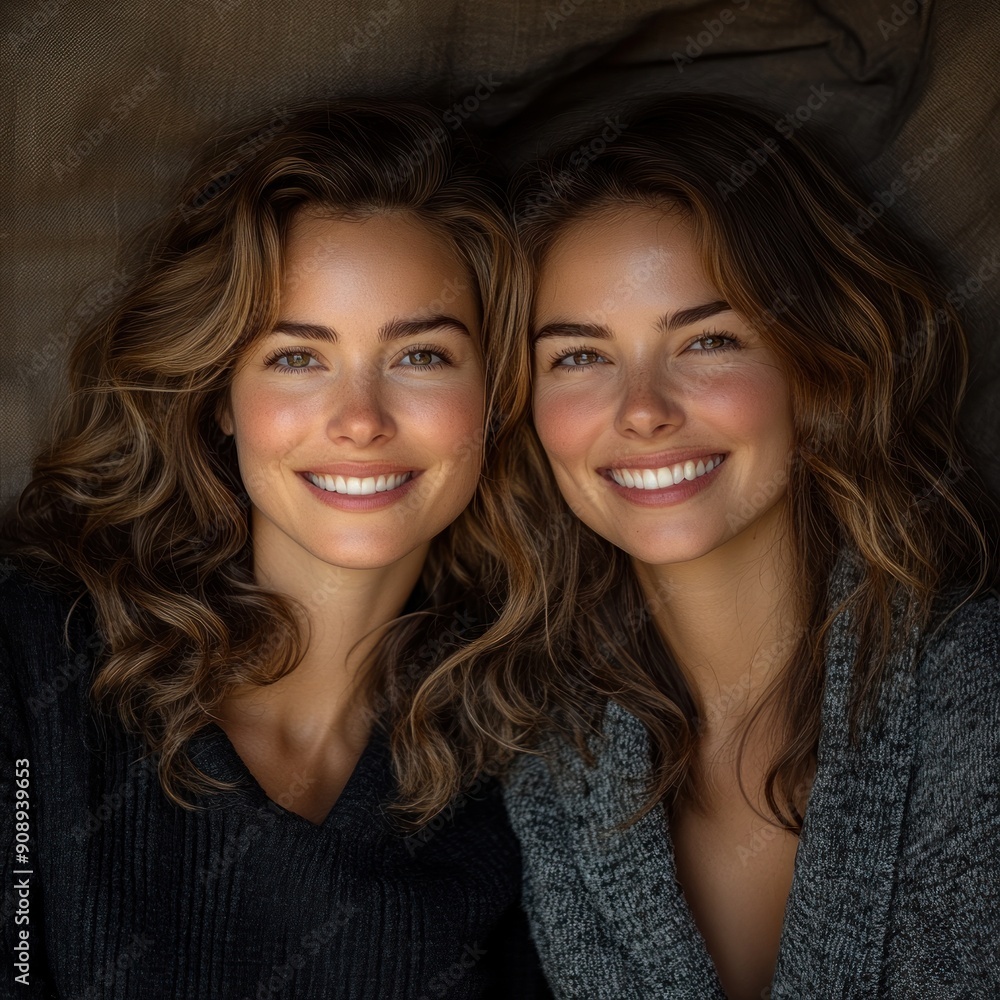 Two women with wavy hair smile joyfully beside each other in a cozy atmosphere Two women with wavy hair smile joyfully beside each other in a cozy atmosphere