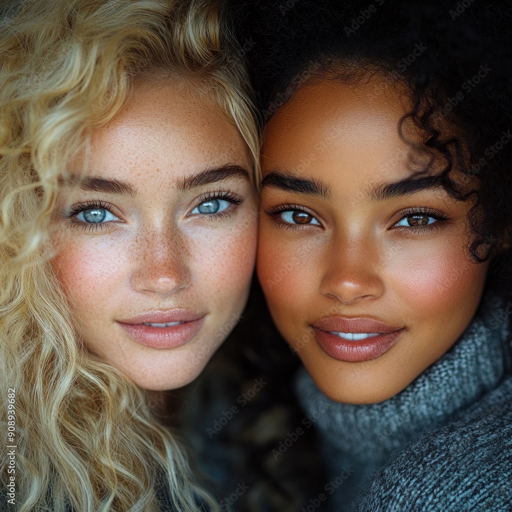 Two women with beautiful curls and waves enjoy a moment together in soft natural light Two women with beautiful curls and waves enjoy a moment together in soft natural light