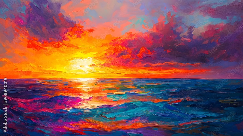 A painting of a sunset over a body of water with mountains in the background A painting of a sunset over a body of water with mountains in the background