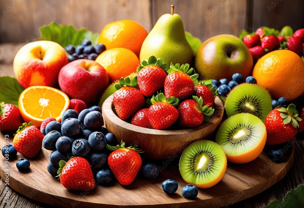vibrant display fresh seasonal fruits artistically arranged rustic wooden platter colorful inviting presentation, arrangement, berries, apples, oranges vibrant display fresh seasonal fruits artistically arranged rustic wooden platter colorful inviting presentation, arrangement, berries, apples, oranges