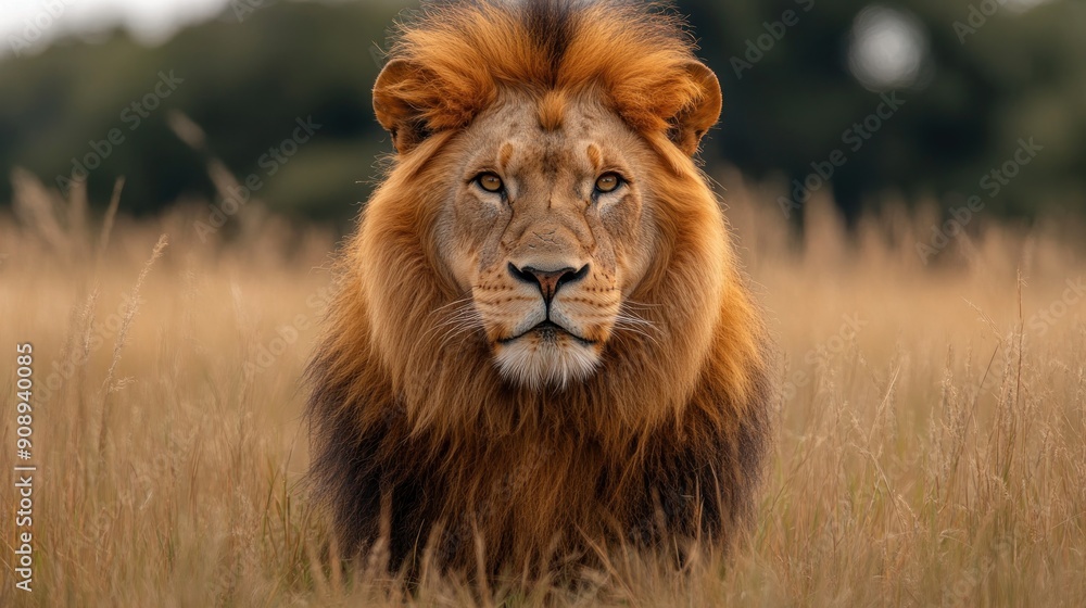 Fototapeta premium A lion gazes intently from the tall grass as sunlight bathes the savannah