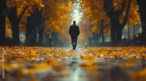 A person strolls along a tree-lined path covered in autumn leaves