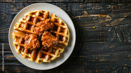 Crispy fried chicken and waffles with syrup on a round plate, placed on a dark wooden surface photo