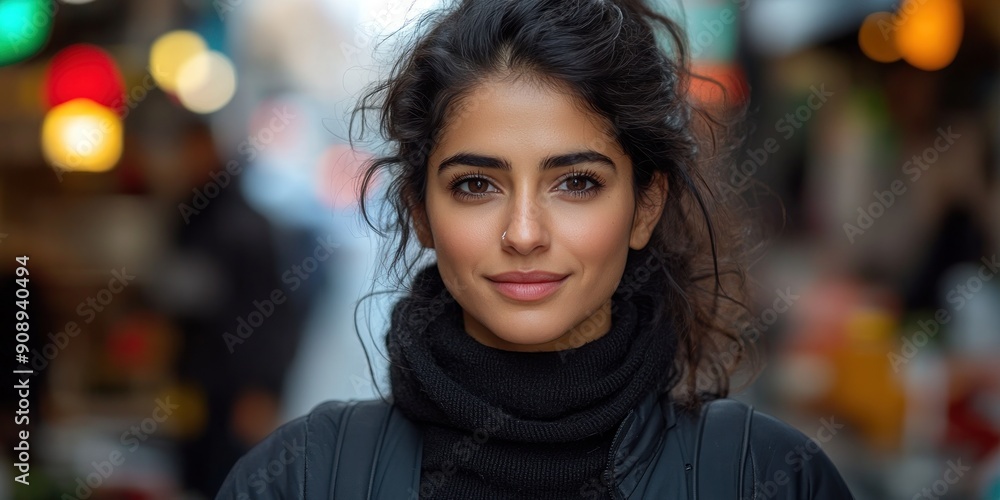 A young woman enjoys her time exploring a vibrant market filled with colorful lights A young woman enjoys her time exploring a vibrant market filled with colorful lights