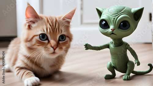 National cat day concept background, Gorgeous cat with Alien cat doll, ai generated