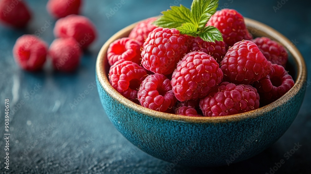 A vibrant bowl filled with plump raspberries garnished with a mint leaf A vibrant bowl filled with plump raspberries garnished with a mint leaf