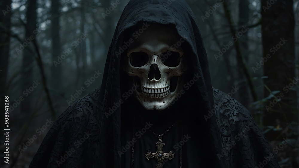 Scary portrait of horrifying Reaper with skeleton face wearing a hood with dark blurred background, spooky dark black model, halloween and death related