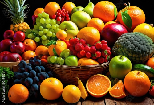 vibrant arrangement colorful fruits vegetables casting intriguing shadows surface, display, colors, fresh, organic, produce, healthy, food, artistic