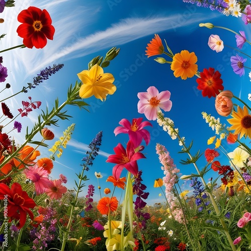 field of coloured flowers with blue sky in the background, panoramic, low angle view, tilable wallpaper, tiled, seamless infinite wallpaper photo