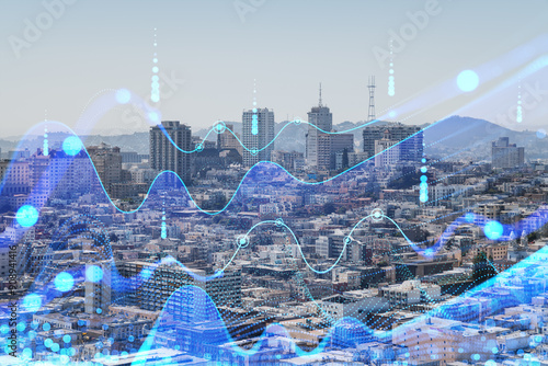 Photography Cityscape with digital overlay of data visualization lines and dots