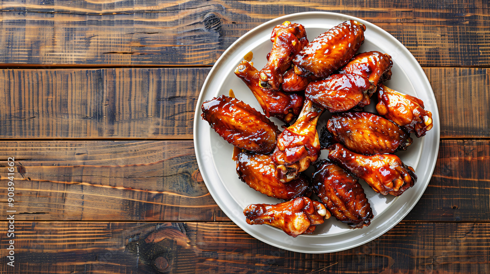 Heaping pile of sticky barbecue chicken wings are sitting on a plate on a rustic wooden table Heaping pile of sticky barbecue chicken wings are sitting on a plate on a rustic wooden table