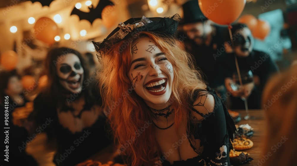 A festive Halloween party indoors with a group of friends in creative costumes, such as a pirate, a zombie, and a fairy. The room is decorated with hanging bats, orange and black balloons, and a A festive Halloween party indoors with a group of friends in creative costumes, such as a pirate, a zombie, and a fairy. The room is decorated with hanging bats, orange and black balloons, and a