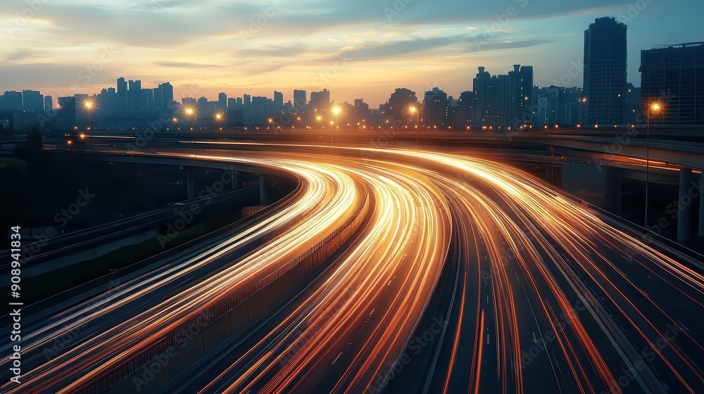 Fototapeta premium Night cityscape with light trails of fast-moving cars on a highway, showcasing urban traffic and energy at dusk.