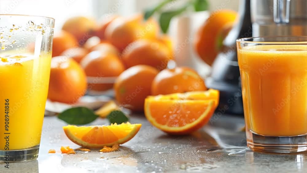Freshly squeezed orange juice in a glass, with whole oranges and a juicer in the background Freshly squeezed orange juice in a glass, with whole oranges and a juicer in the background