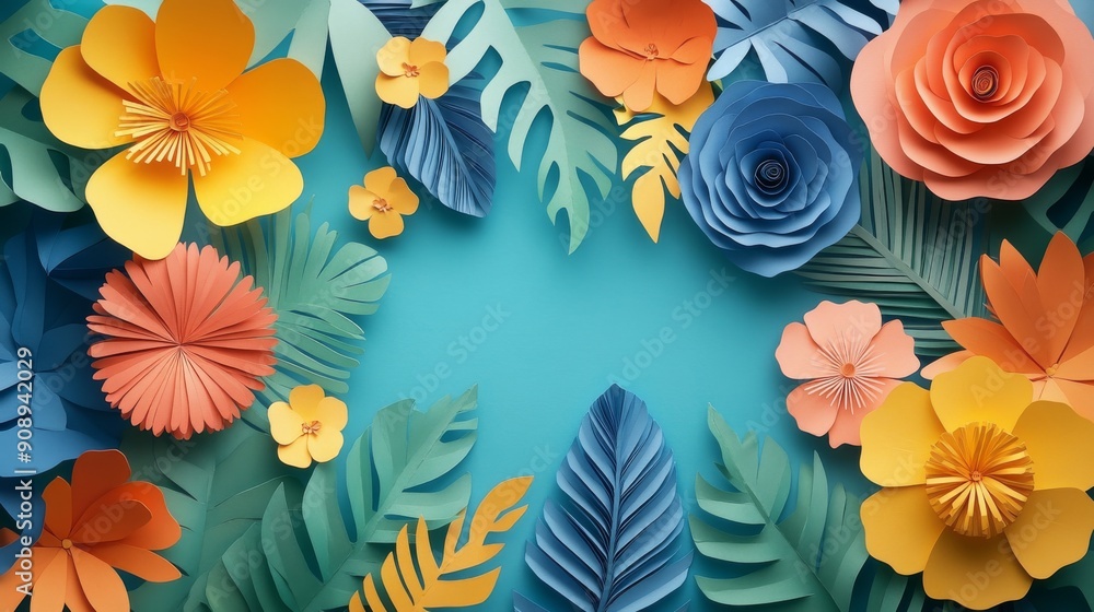 Paper Flower and Leaf Arrangement on a Blue Background Paper Flower and Leaf Arrangement on a Blue Background