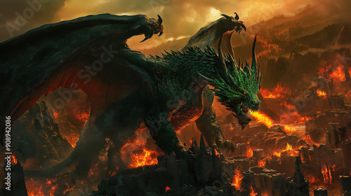 A fierce 3D dragon with emerald green scales and flaming breath, towering over a medieval village in ruins with smoldering buildings, the atmosphere is intense and dramatic with a sense of impending