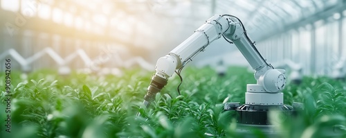 Robotic arm working in a modern greenhouse, tending to lush green plants under optimized conditions, showcasing agricultural technology. photo