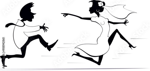 Married wedding couple. Bride runs away from the bridegroom. 
Upset bridegroom trying to catch up a runaway bride. Running bride looks back and points a finger to the bridegroom trying to catch her
