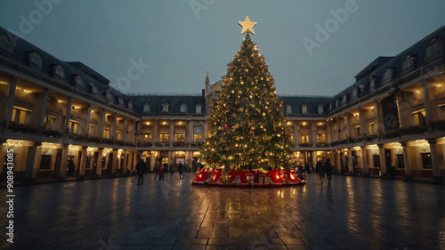realistic photo of christmas tree in the centre and bottom of plaza