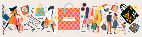 Shopping and sale. Vector modern abstract isolated illustrations of people in store with shopping bag, cart, shop, package, fashion woman, pattern, family , objects for poster, flyer or cover