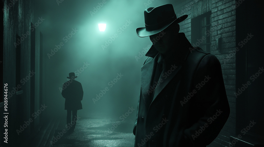 A charming 3D detective in a trench coat and fedora, investigating a crime scene in a foggy alley with dim streetlights, the mood is mysterious and noir with a sense of suspense, detailed 3D A charming 3D detective in a trench coat and fedora, investigating a crime scene in a foggy alley with dim streetlights, the mood is mysterious and noir with a sense of suspense, detailed 3D