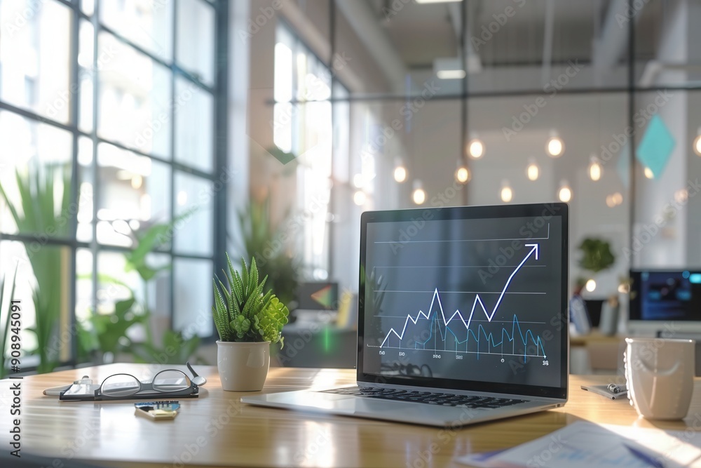 Bright office features a laptop with a rising growth graph, surrounded by greenery and natural light, creating an inspiring work environment. Generative AI Bright office features a laptop with a rising growth graph, surrounded by greenery and natural light, creating an inspiring work environment. Generative AI