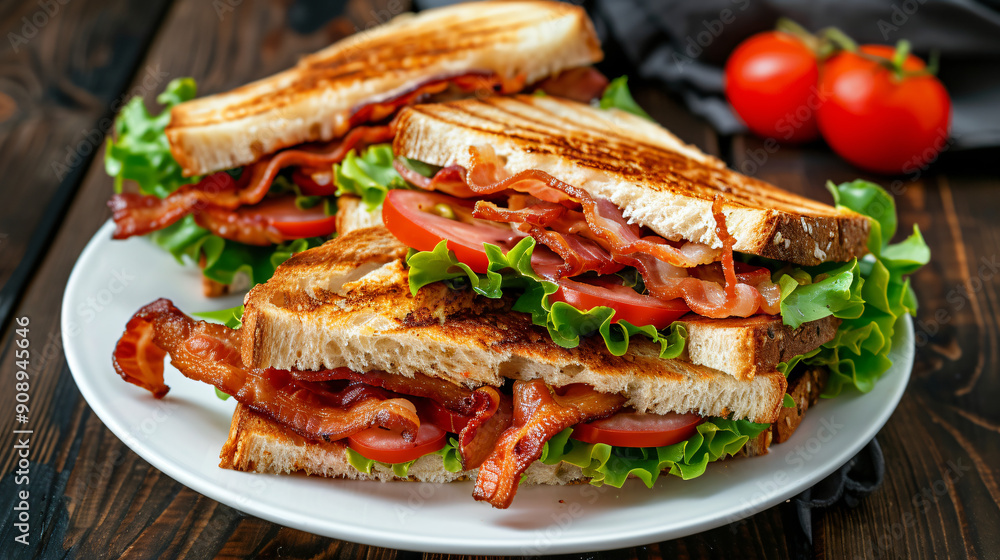 Three delicious blt sandwiches arranged on a white plate, inviting you to take a bite Three delicious blt sandwiches arranged on a white plate, inviting you to take a bite