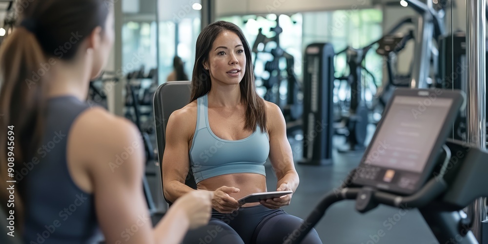 Woman Seated on Workout Machine in Gym Using Tablet Woman Seated on Workout Machine in Gym Using Tablet