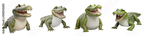  Set of 3D cute happy cartoon crocodile, isolated on white background, 