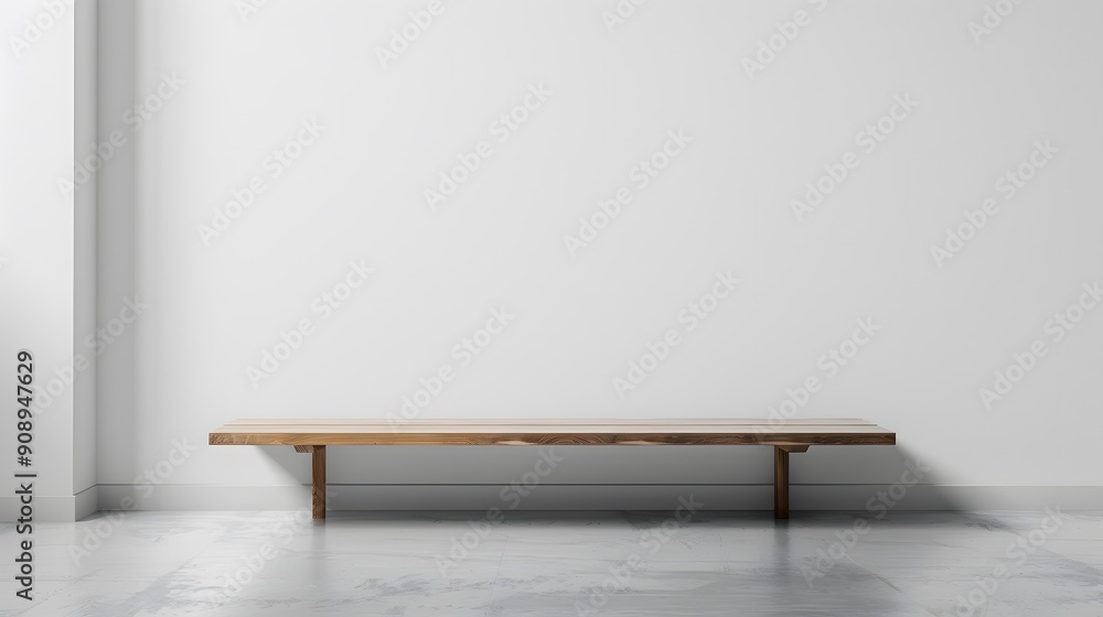 White wood table with plain white wall, ideal for showcasing products White wood table with plain white wall, ideal for showcasing products
