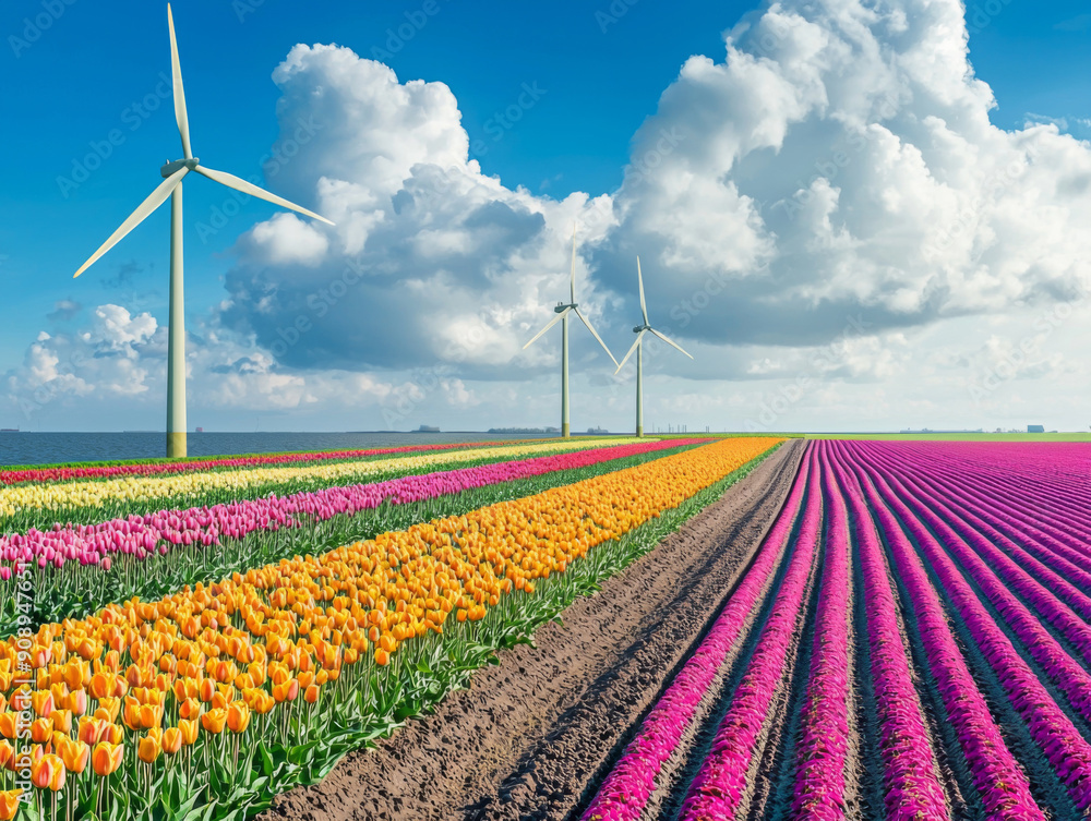 A field of flowers with three wind turbines in the background A field of flowers with three wind turbines in the background